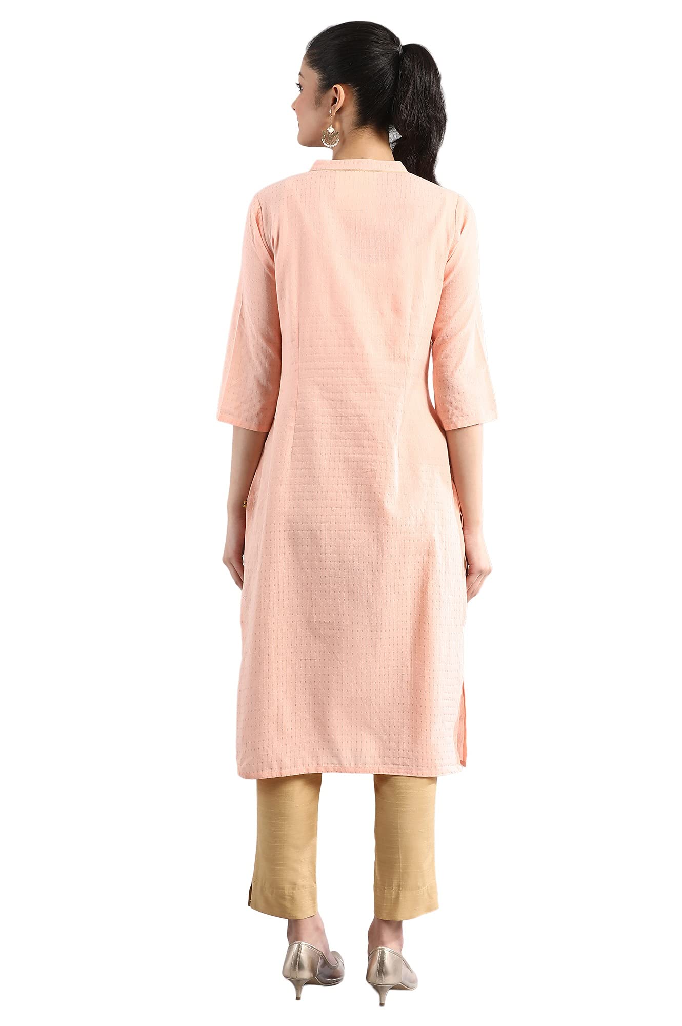 Aurelia Women'S Cotton Pink Geometric Band Collar Straight Kurta