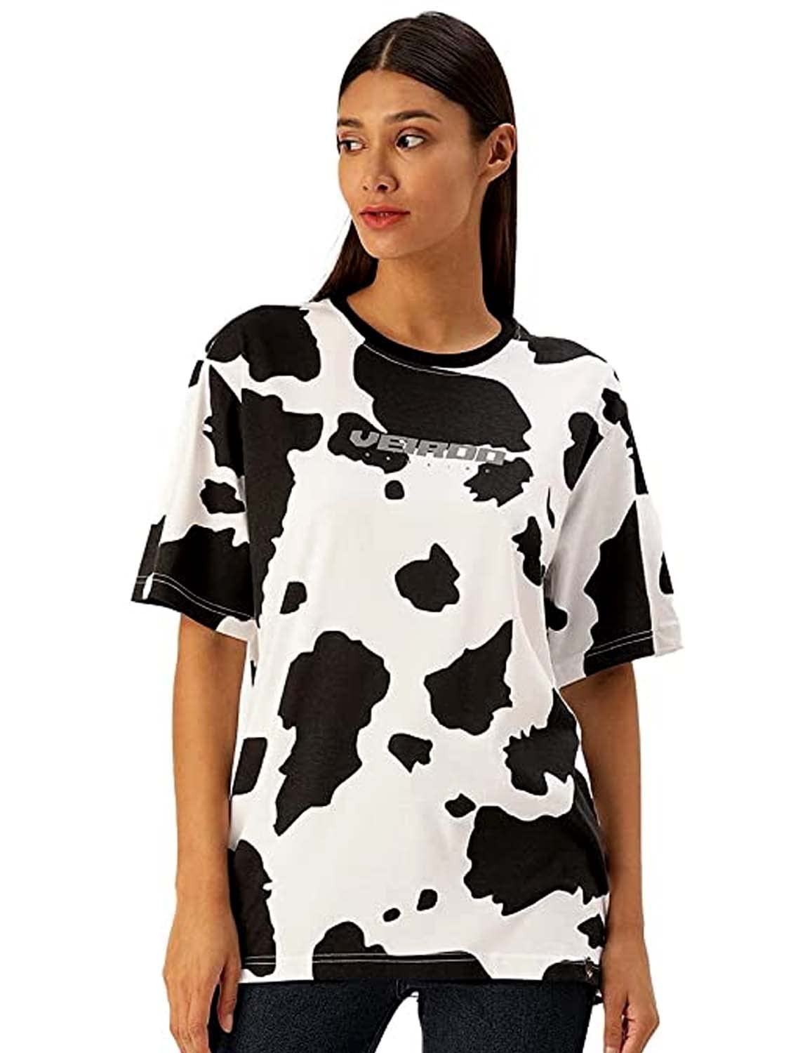 Veirdo Women's Cotton Short Sleeve Oversized Loose Fit Cow Printed T-Shirt/Girls