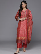 Varanga Women Pink Bandhani Printed Straight Kurta Paired With Tonal Solid Bottom And Printed Dupatta