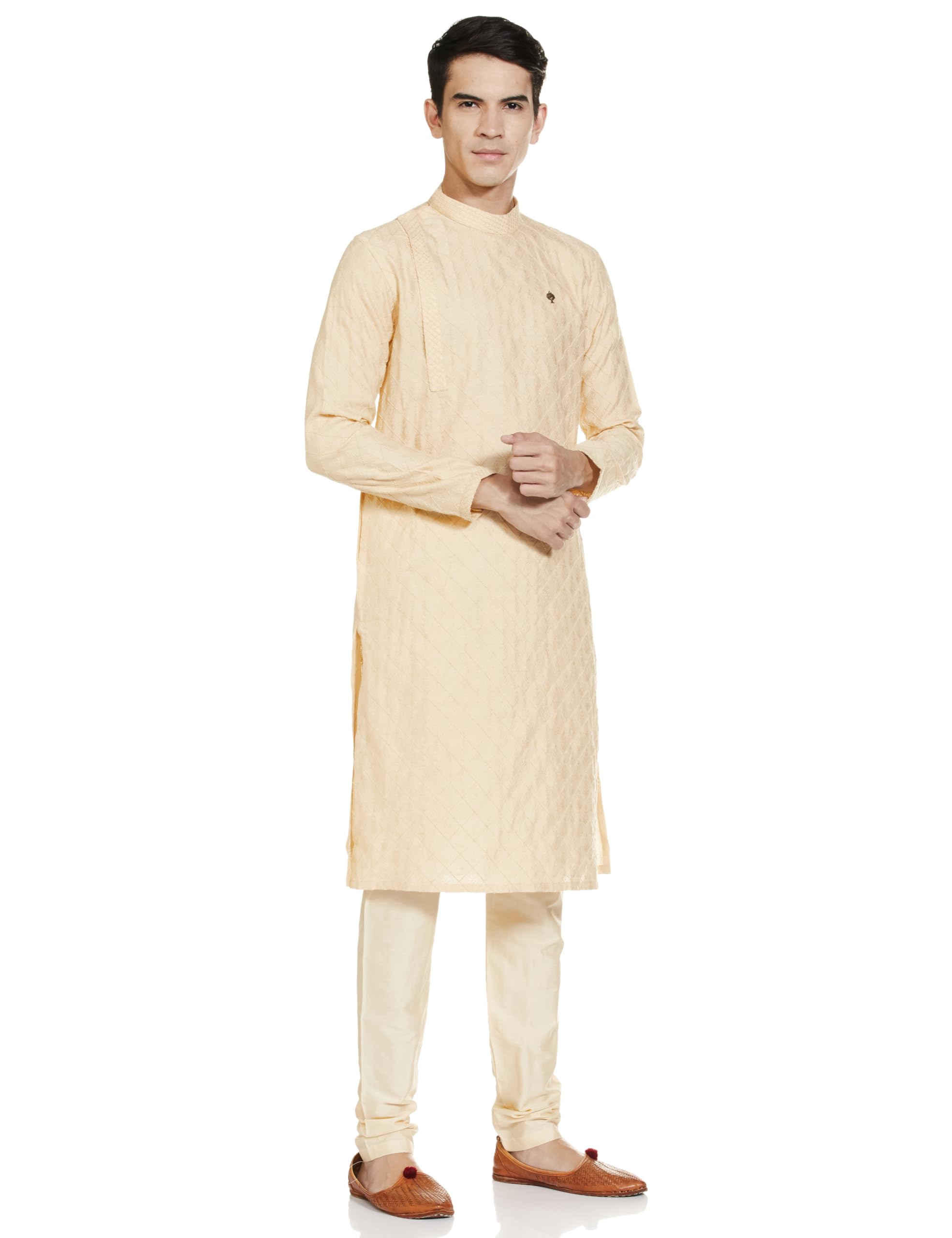 Manyavar Beige Blended Viscose Self Design Casual Kurta Set for Men