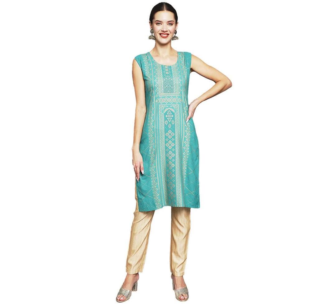 Anubhutee Women'S Rayon Sea Green Foil Print Geometric Printed Straight Kurta