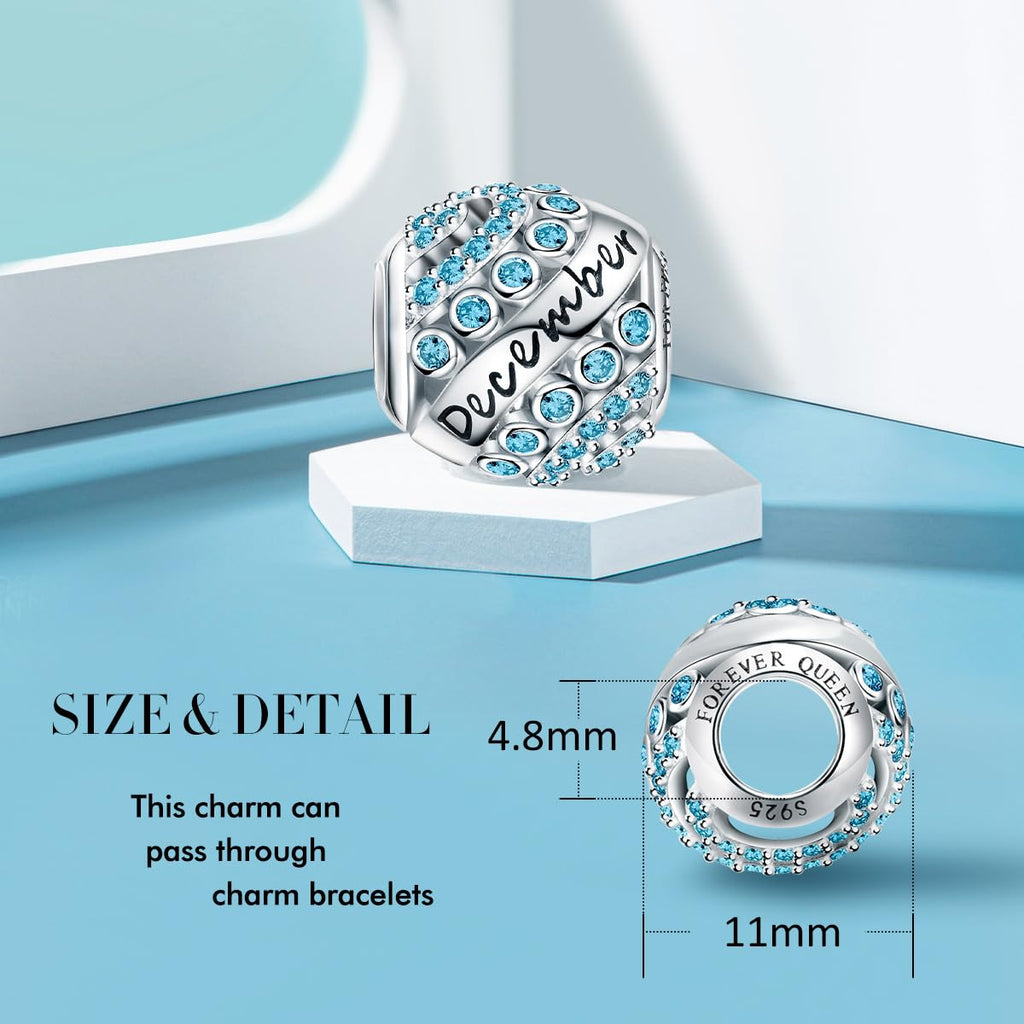 FOREVER QUEEN December Birthstone Charms for Charms Bracelet- 925 Sterling Silver Bead Openwork Charms, Happy Birthday Charms fo