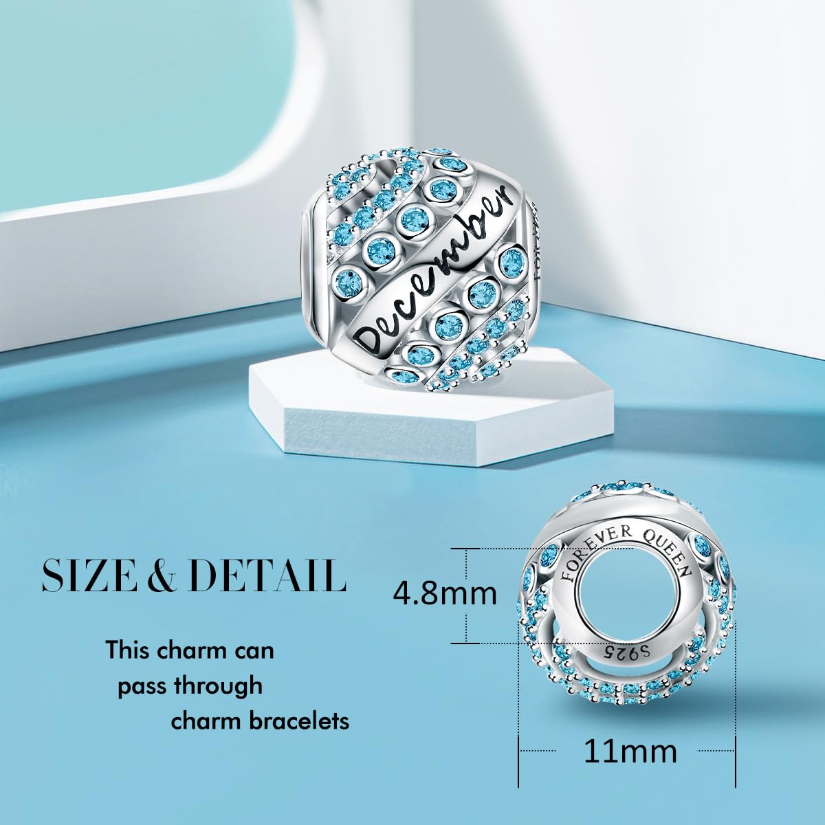 FOREVER QUEEN December Birthstone Charms for Charms Bracelet- 925 Sterling Silver Bead Openwork Charms, Happy Birthday Charms fo