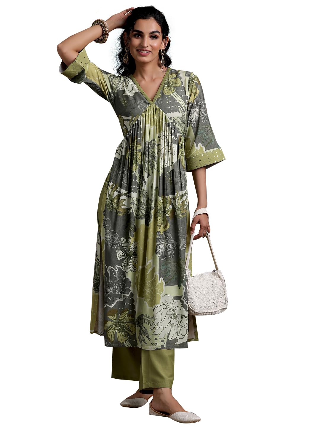 Libas WomenS Viscose Rayon Floral Kurta Set (35743_Green_L)