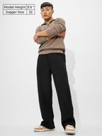 The Souled Store Solids: Midnight Black Mens and Boys Korean Fit Cotton Blend Solid Korean Joggers