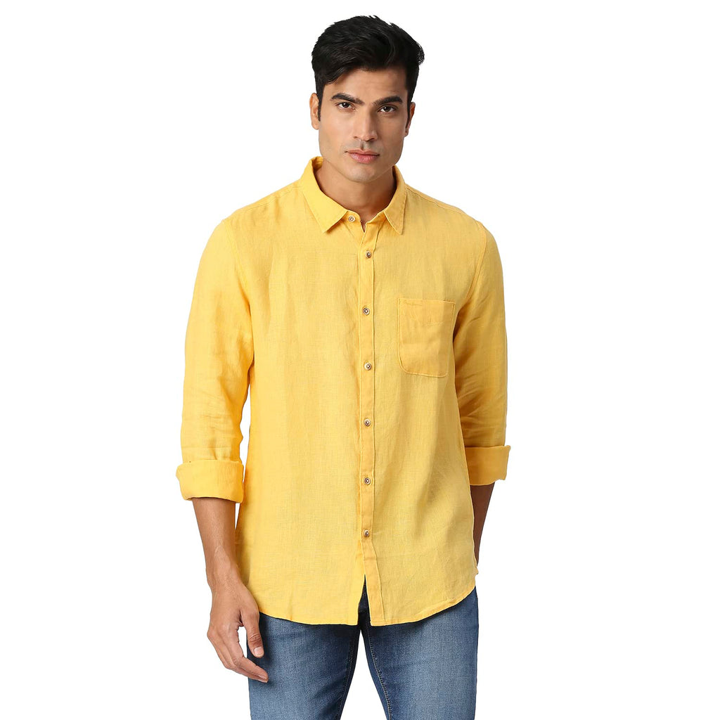 Pepe Jeans Linen MenS Regular Fit Solid Shirts Lime Yellow, Medium