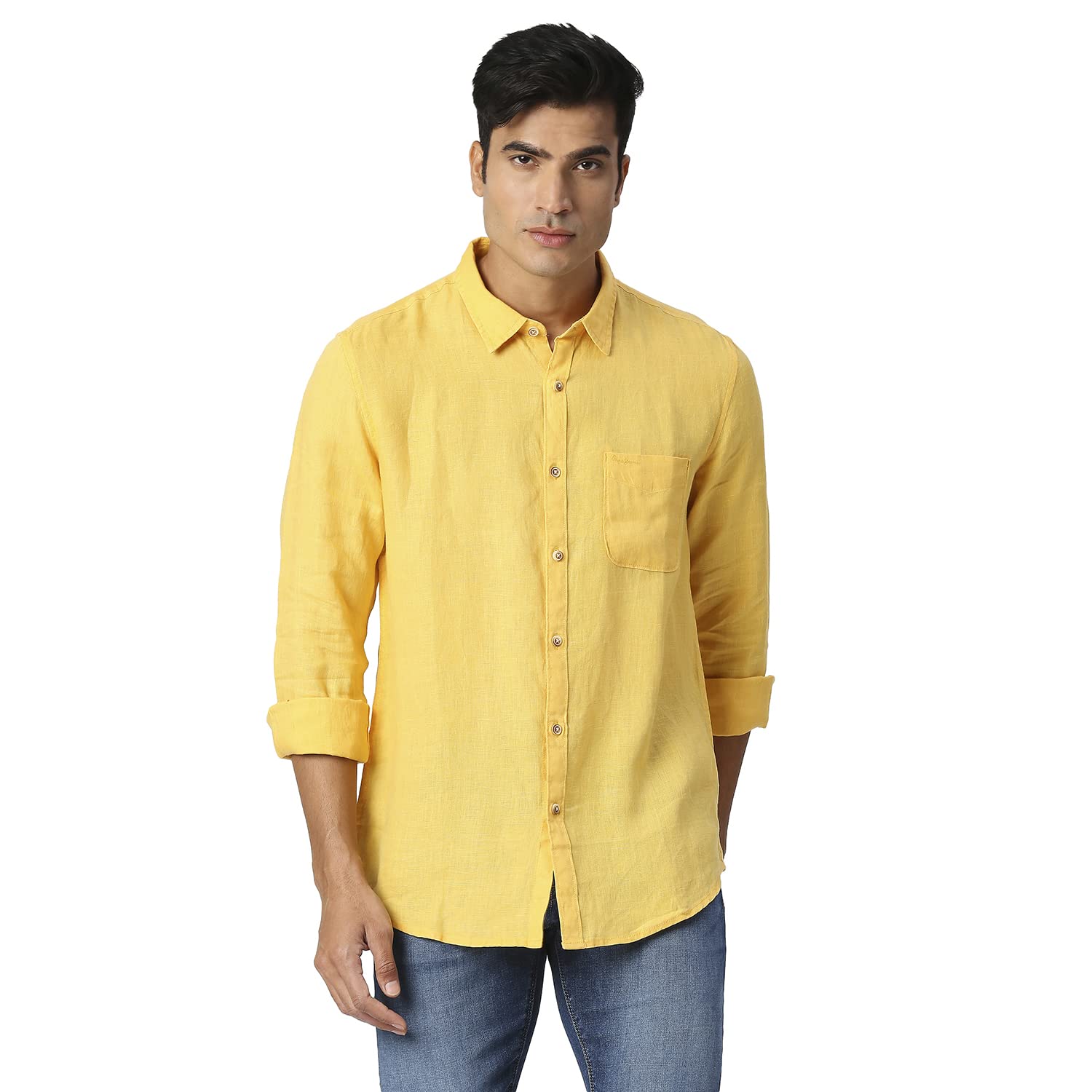 Pepe Jeans Linen Mens Solid Regular Fit Shirt (Pm308002_Olive L)