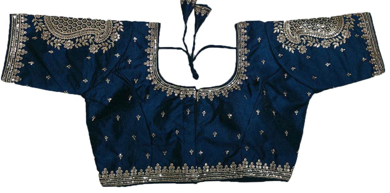 Pujia Mills Womens Readymade Blouse Embroidery Golden Zari Coding Sequence Thread Work Indian Ethnic Designer Stitched Half Slee