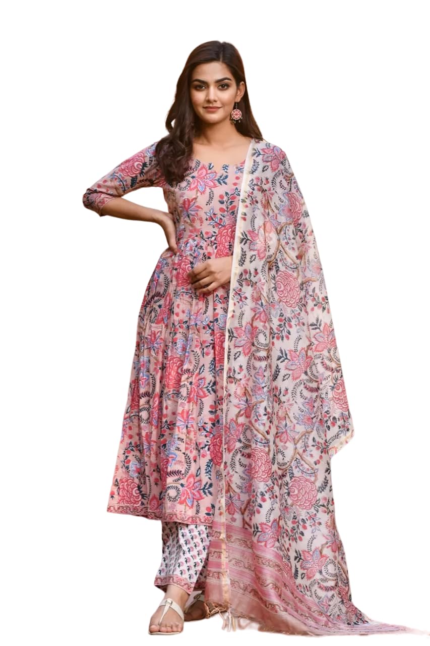 LookMark Womens Trendy Printed Cotton Blend Straight Kurta Pant Dupatta Set ||AZ-LM-OG-KS2092-XL Peach