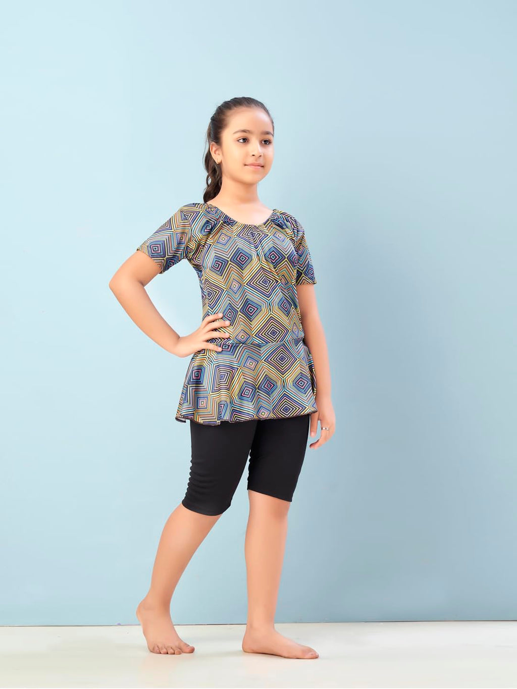 Aarika Girls Sports Wear Green-Black Colour Abstract Print Nylon Swim Suit (5-15 Years)-(SW-SHM-CA-1116)