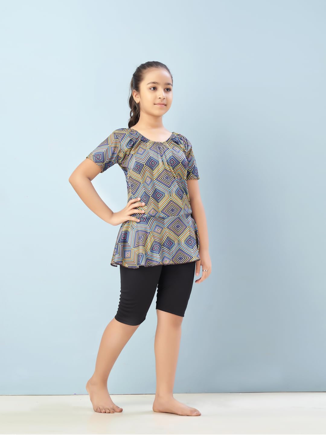 Aarika Girls Sports Wear Green-Black Colour Abstract Print Nylon Swim Suit (5-15 Years)-(SW-SHM-CA-1116)