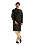 Manyavar Mens Art Silk Embroidery Mirror Work Kurta Set (Black,XXL)