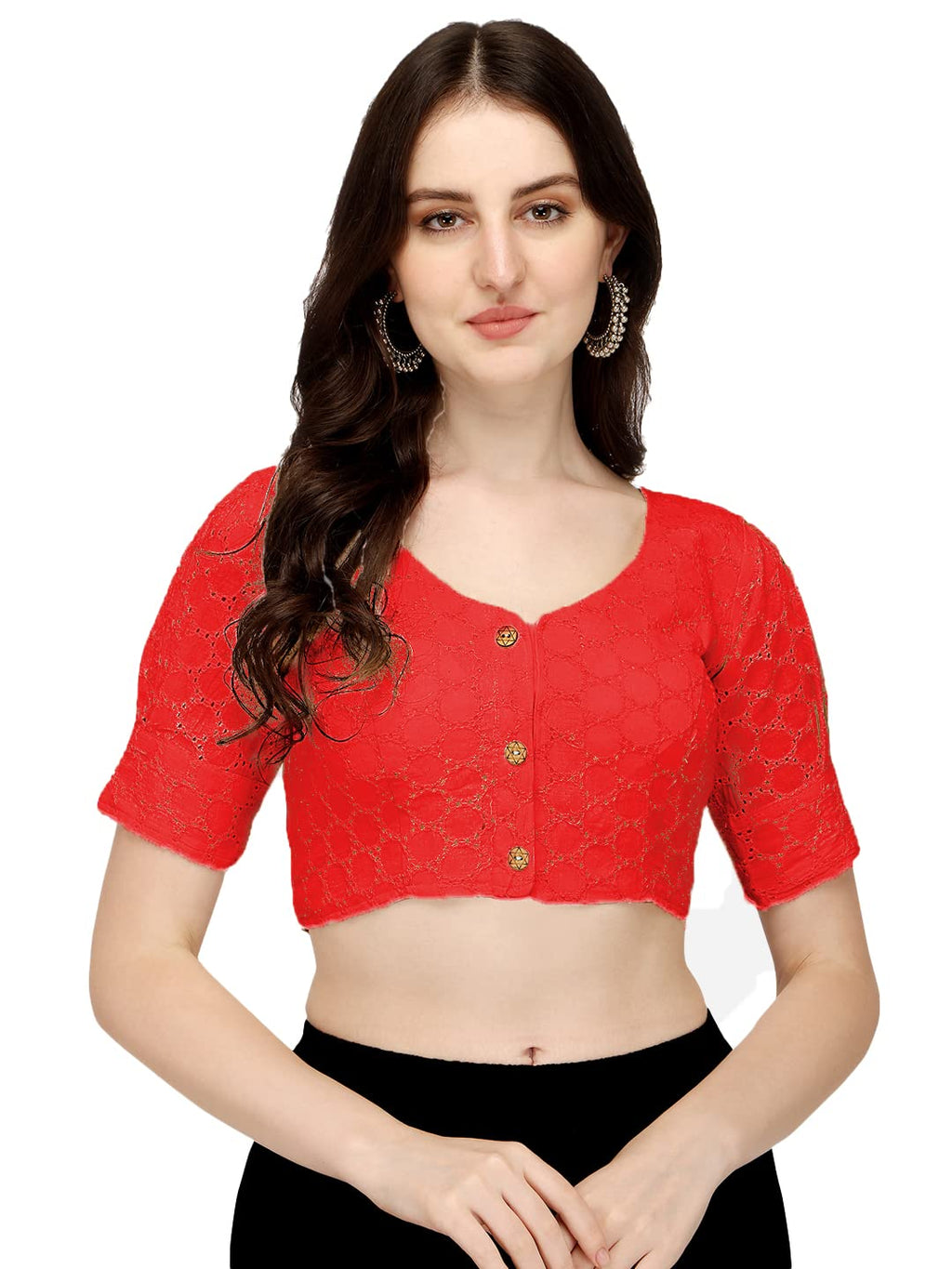 Pujia Mills Womens Cotton Solid Half Sleeve Blouse (Hakoba White_Red_38)