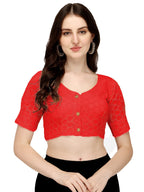 Pujia Mills Womens Cotton Solid Half Sleeve Blouse (Hakoba White_Red_38)