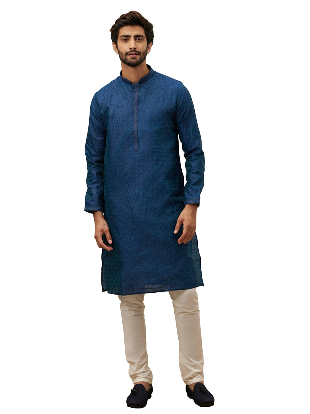 Manyavar Kurta Set For Men, Full Sleeves Mandarin Collar Ethnic Kurta & Churidar Set Art Silk All Over Self Design Set (Blue - 1