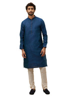 Manyavar Kurta Set For Men, Full Sleeves Mandarin Collar Ethnic Kurta & Churidar Set Art Silk All Over Self Design Set (Blue - 1
