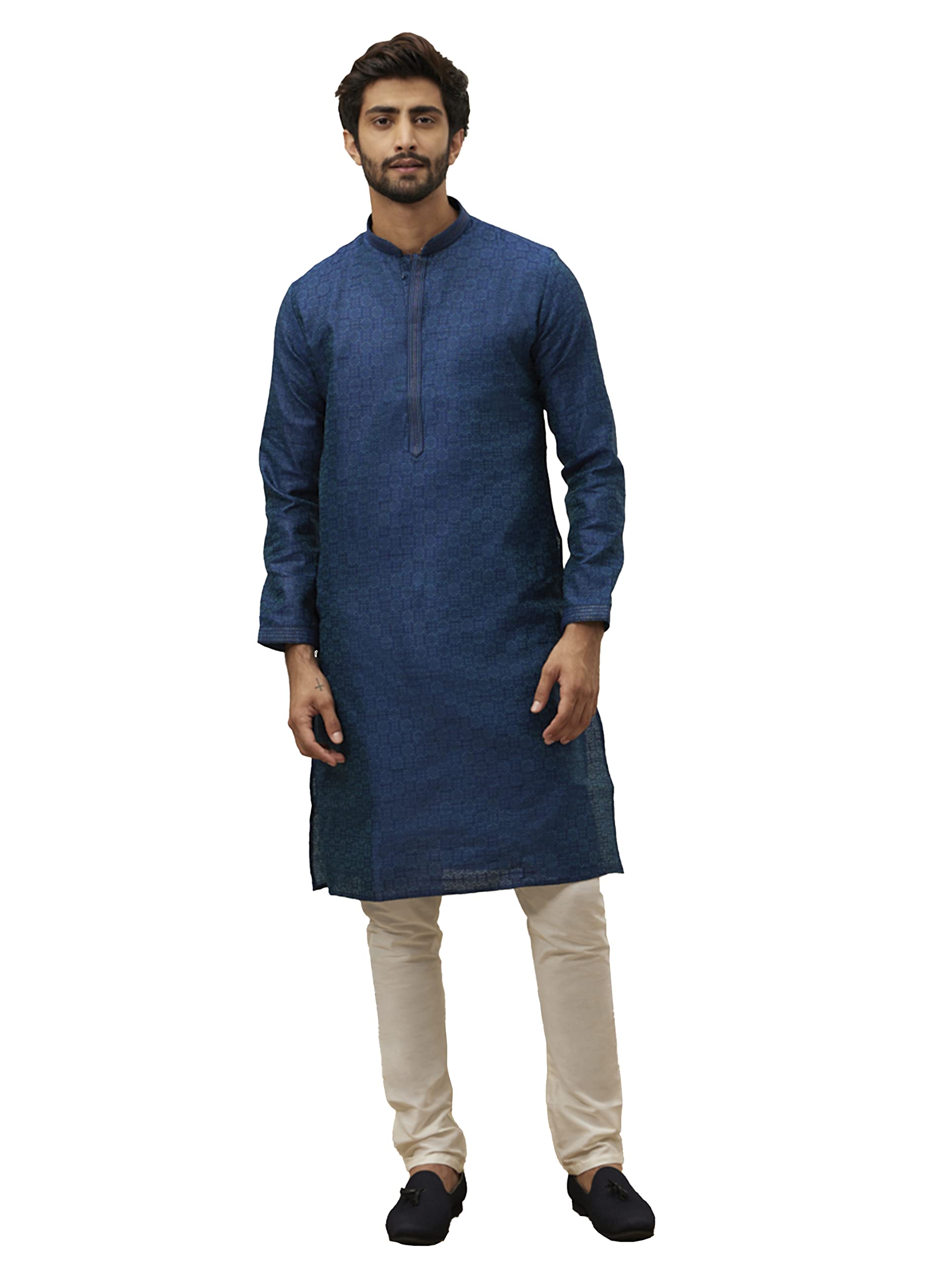 Manyavar Kurta Set For Men, Full Sleeves Mandarin Collar Ethnic Kurta & Churidar Set Art Silk All Over Self Design Set (Blue - 1