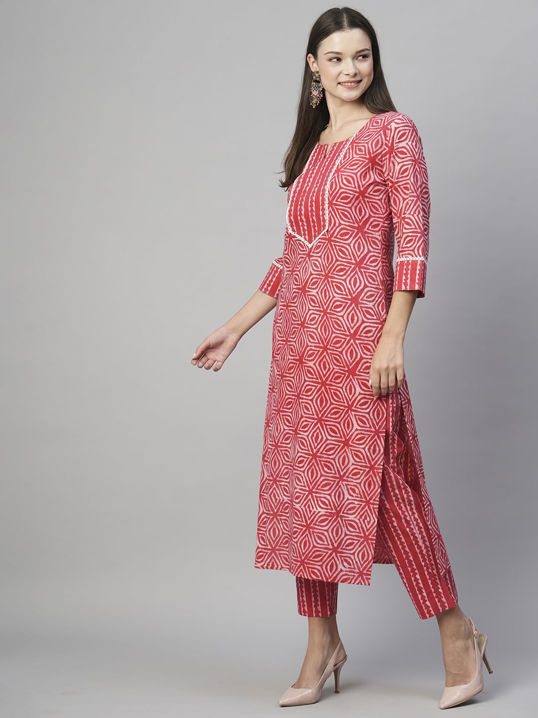 ANNI DESIGNER Womens Cotton Blend Staright Printed Kurta with Pant (Kaveri Pink_S_Pink_Small)