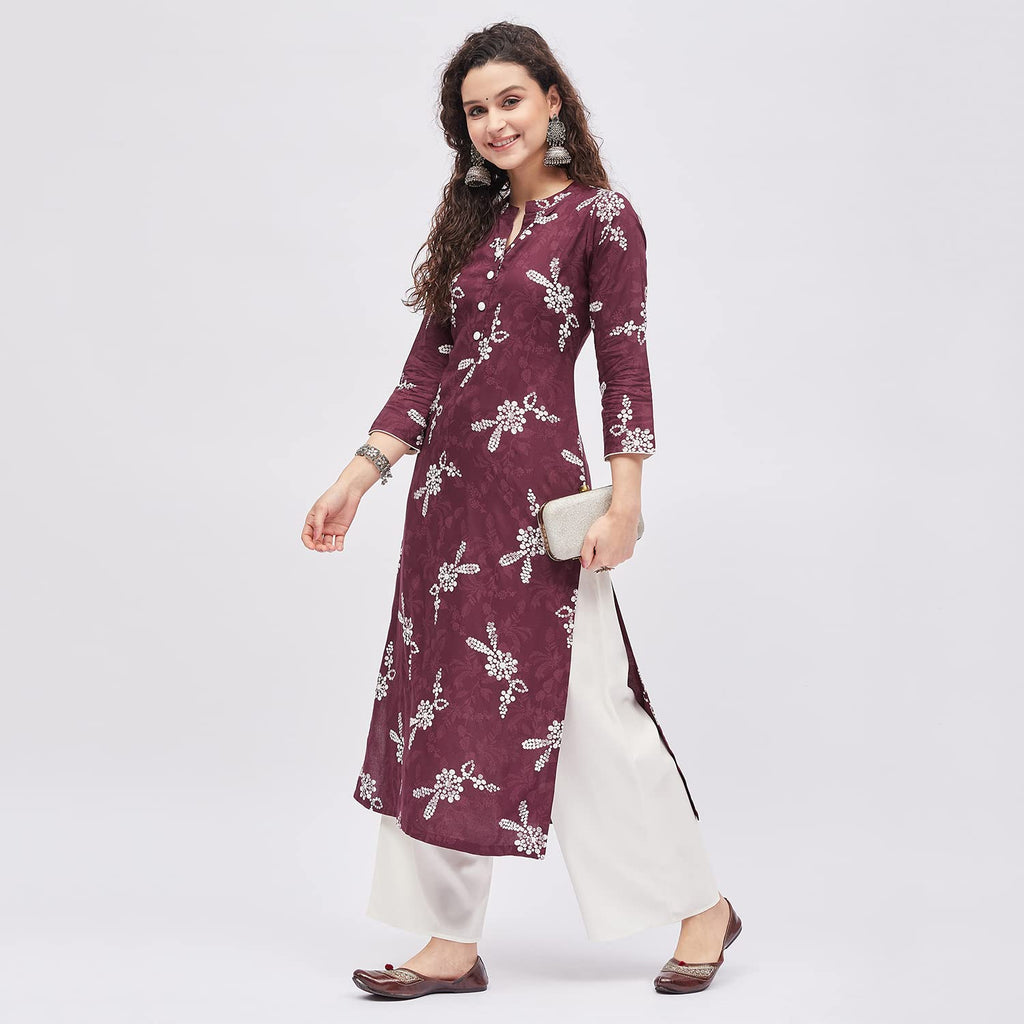 Tissu Women'S Rayon Maroon & White Printed Kurta With Palazzo
