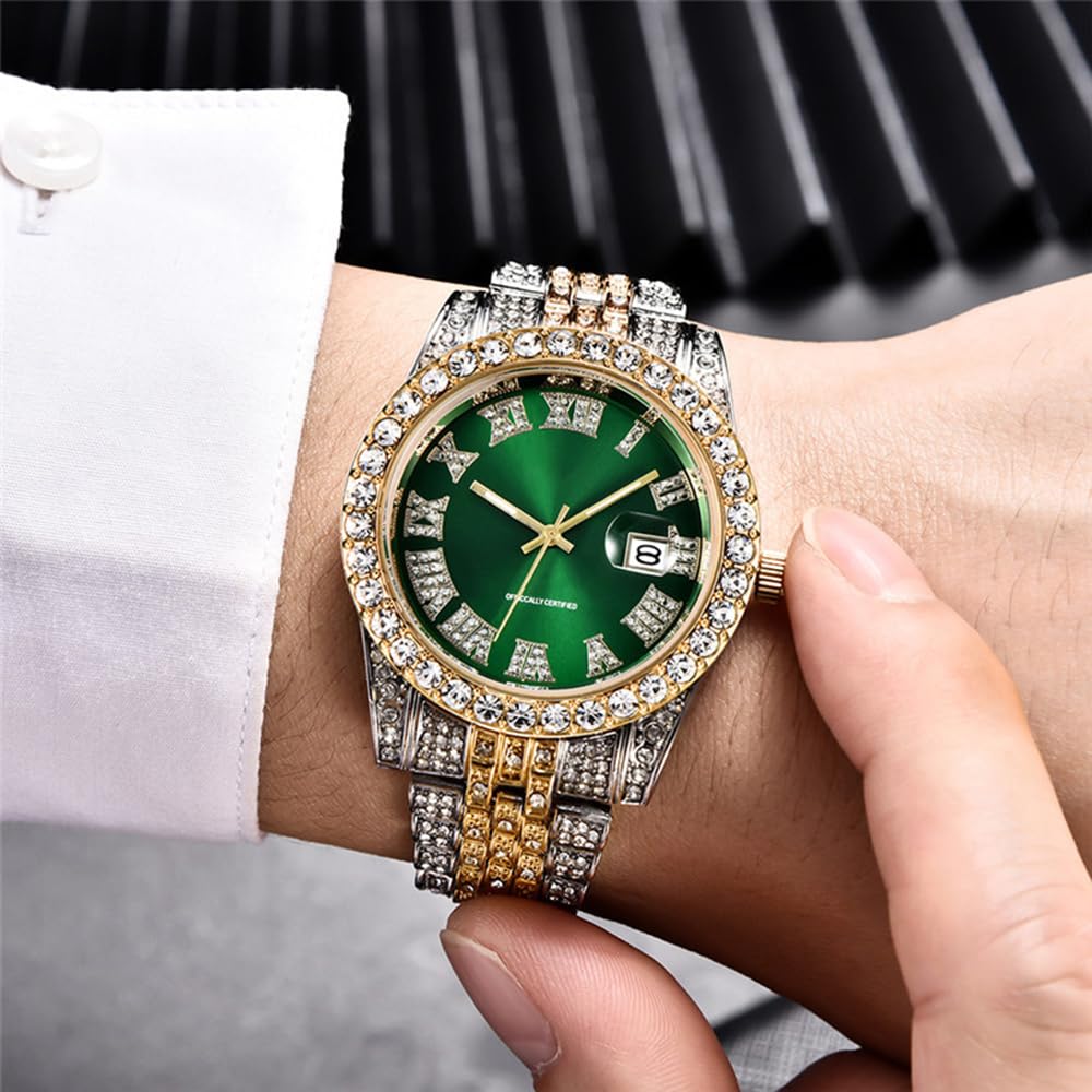 Hip Hop Watches for Men Iced-Out Bling Diamond Luxury Quartz Watches with Date (Green)