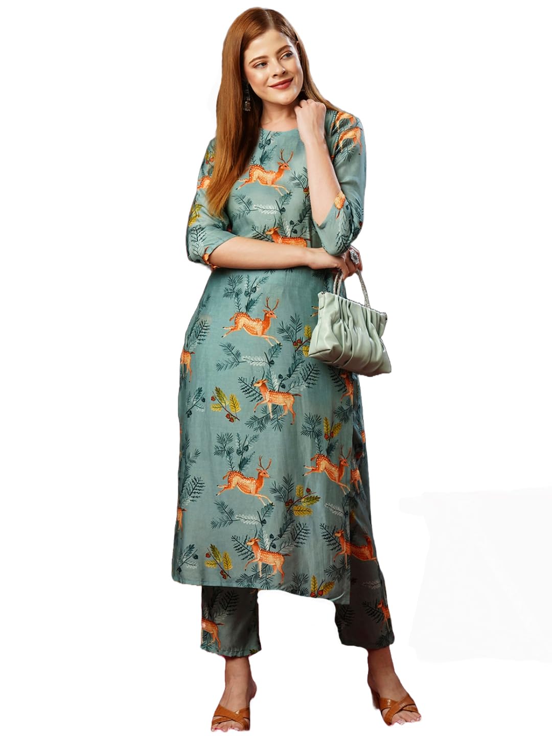 ANNI DESIGNER Womens Cotton Blend Straight Printed Kurta with Pant (Haribala Pista_XL_Pista_X-Large)