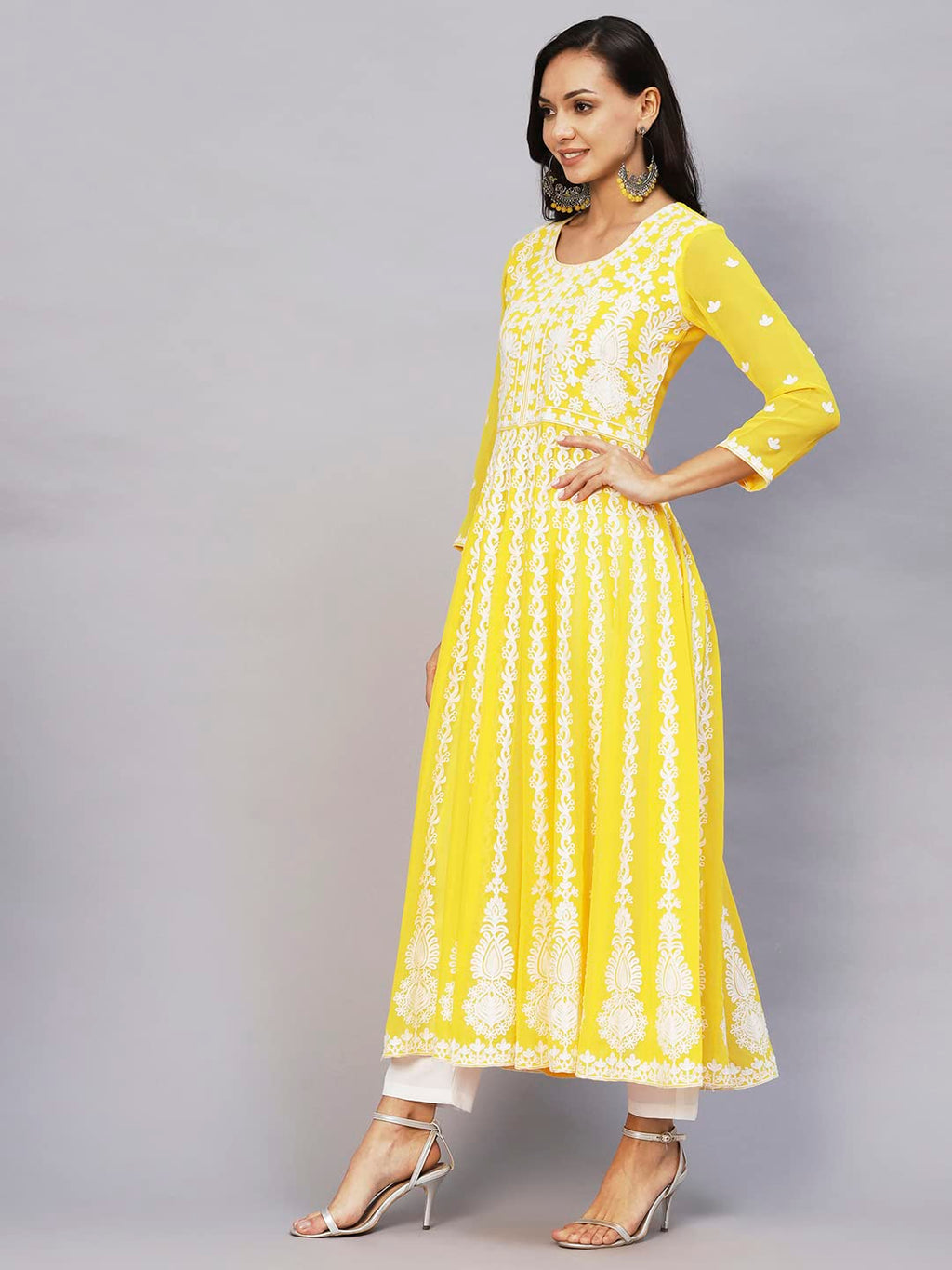 ANNI DESIGNER Womens Georgette Chikankari Embroidered Anarkali Kurti (Kari Yellow_XXL_Yellow_XX-Large)