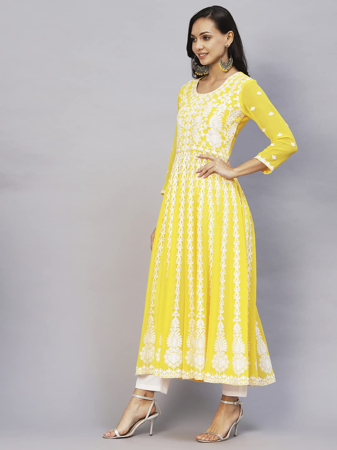 ANNI DESIGNER Womens Georgette Chikankari Embroidered Anarkali Kurti (Kari Yellow_S_Yellow_Small)