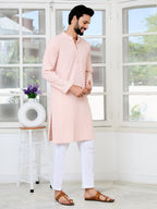 See Designs Mens Full Sleeve Mandarin Collar Men Peach Ethnic Motifs Sequins Embroidered Straight Long Kurta - Festive Collecti