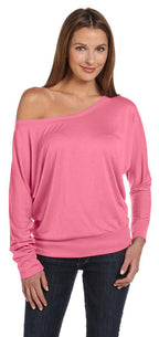 Ladies Flowy Long-Sleeve Off Shoulder T-Shirt - NEON PINK - S(D0102H7WVDJ)