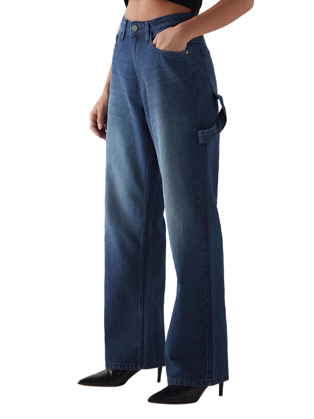 Bewakoof Womens Washed Wide Leg Cotton Carpenter Jeans_646018_Blue_34