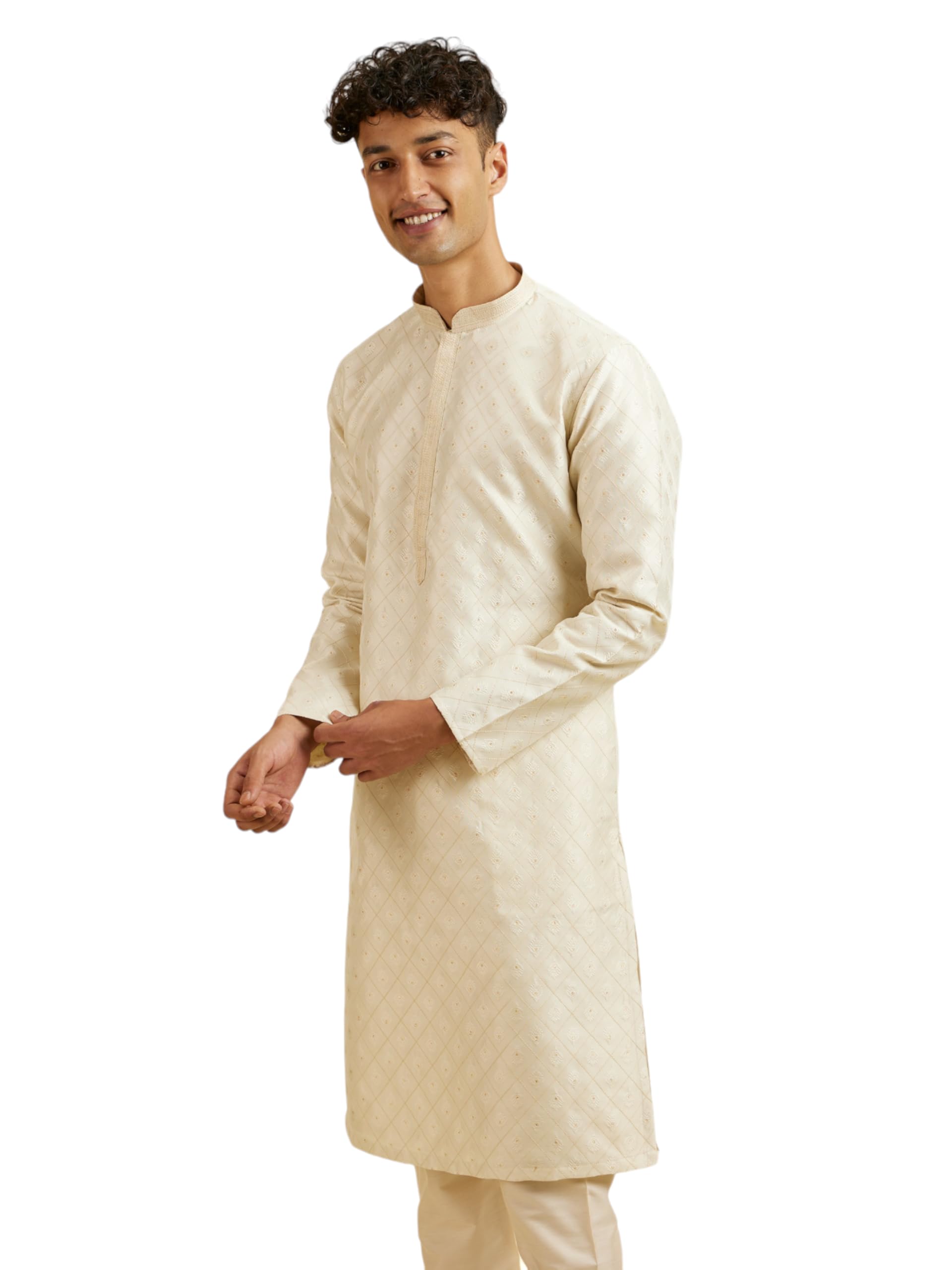 Manyavar Mens Art Silk Jacquard Embroidered Kurta Pyjama Set (Cream,XL)