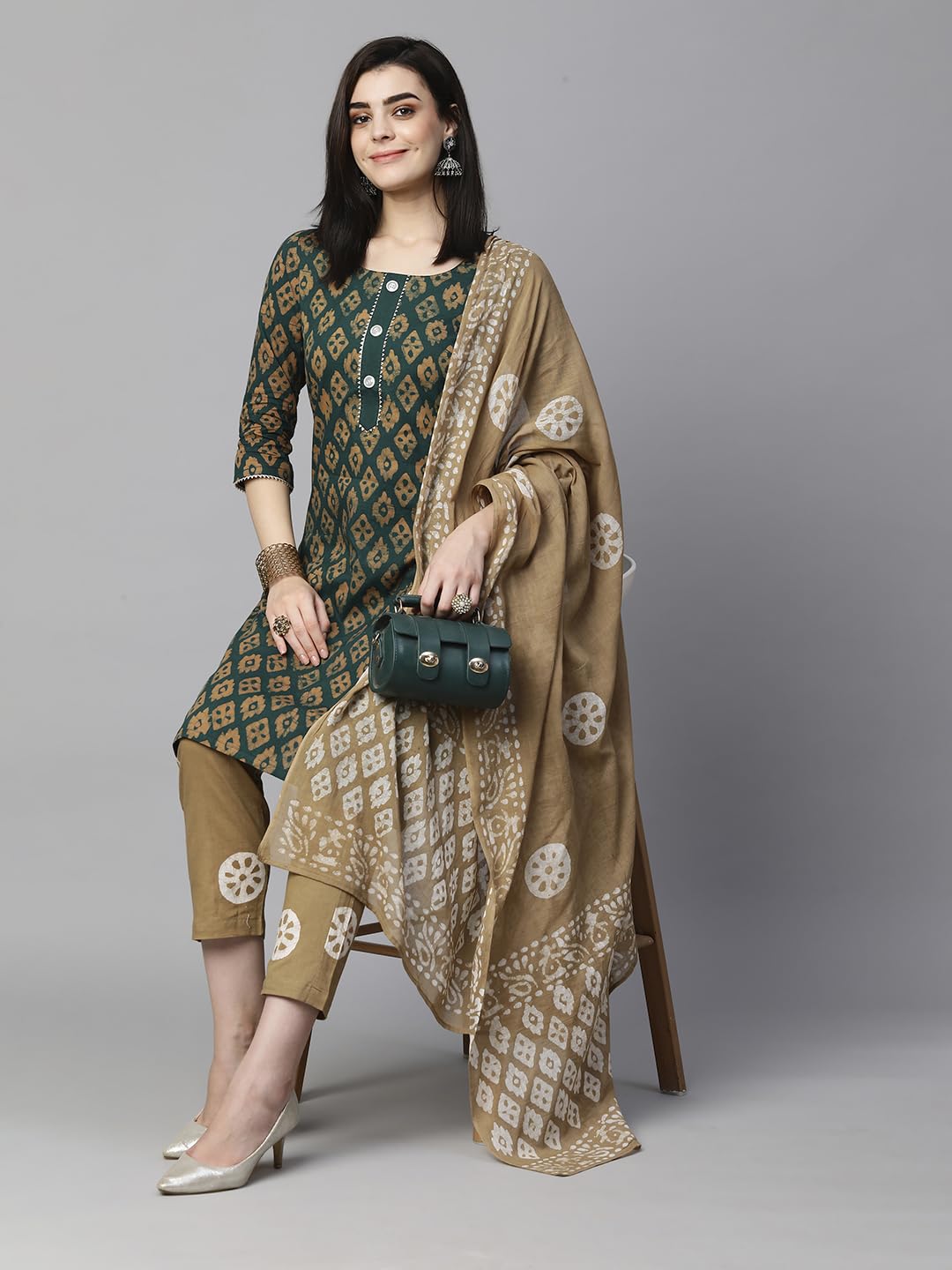 ANNI DESIGNER Ladies Cotton Blend Kurta with Trousers and Dupatta, green, M