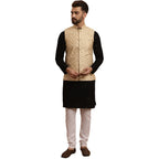 SOJANYA (Since 1958 Mens Cotton Black Kurta and White Pyjama Beige Embroidery Nehru Jacket
