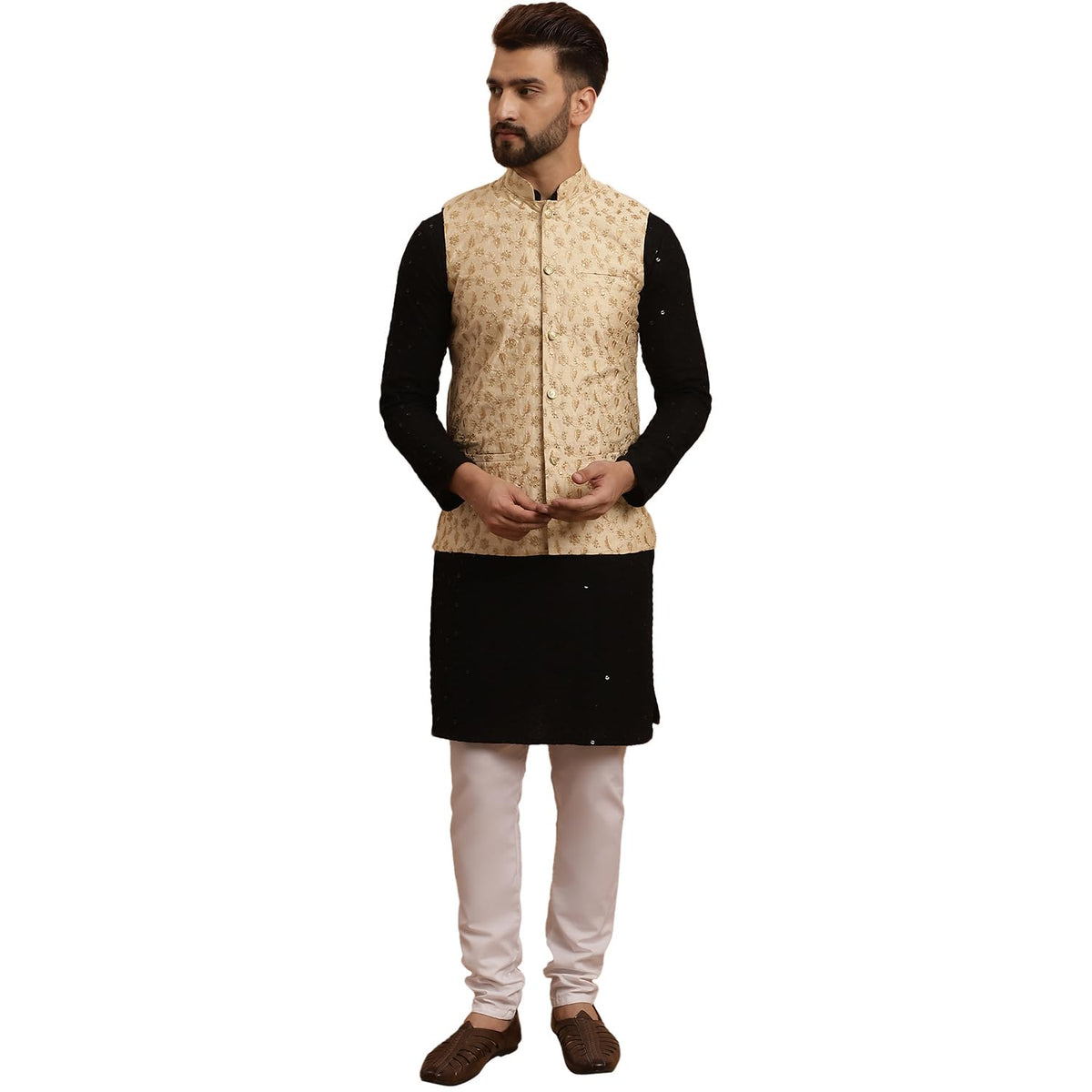 SOJANYA (Since 1958 Mens Cotton Black Kurta and White Pyjama Beige Embroidery Nehru Jacket