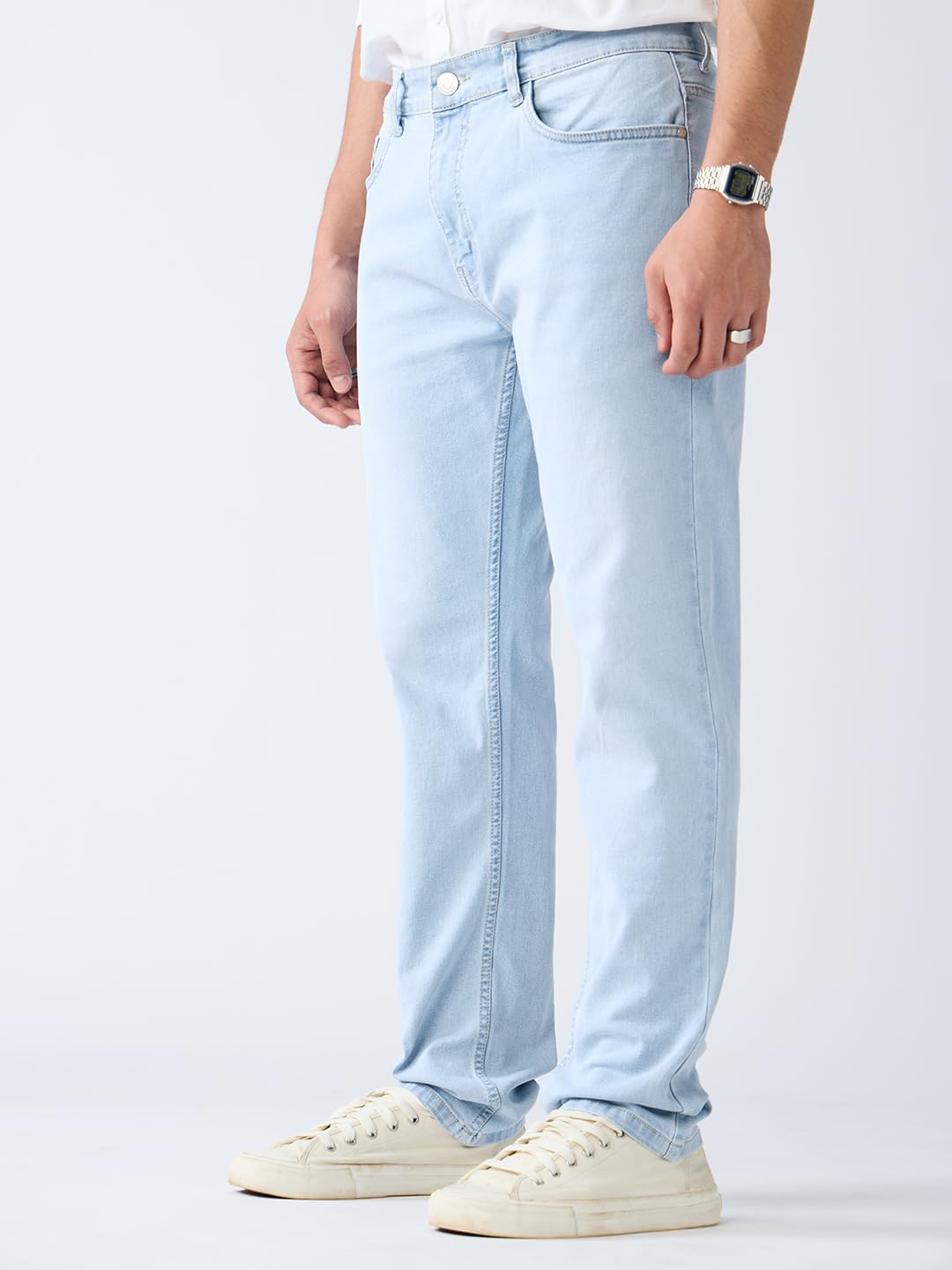The Souled Store Slim-Fit Denim: Frost Blue Men and Boys Buttoned Solid Cotton Slim Fit Jeans