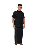 PRAKASAM COTTON Mens Flexi Readymade Black Jari Border Dhoti + Half sleeve Black Shirt for mens