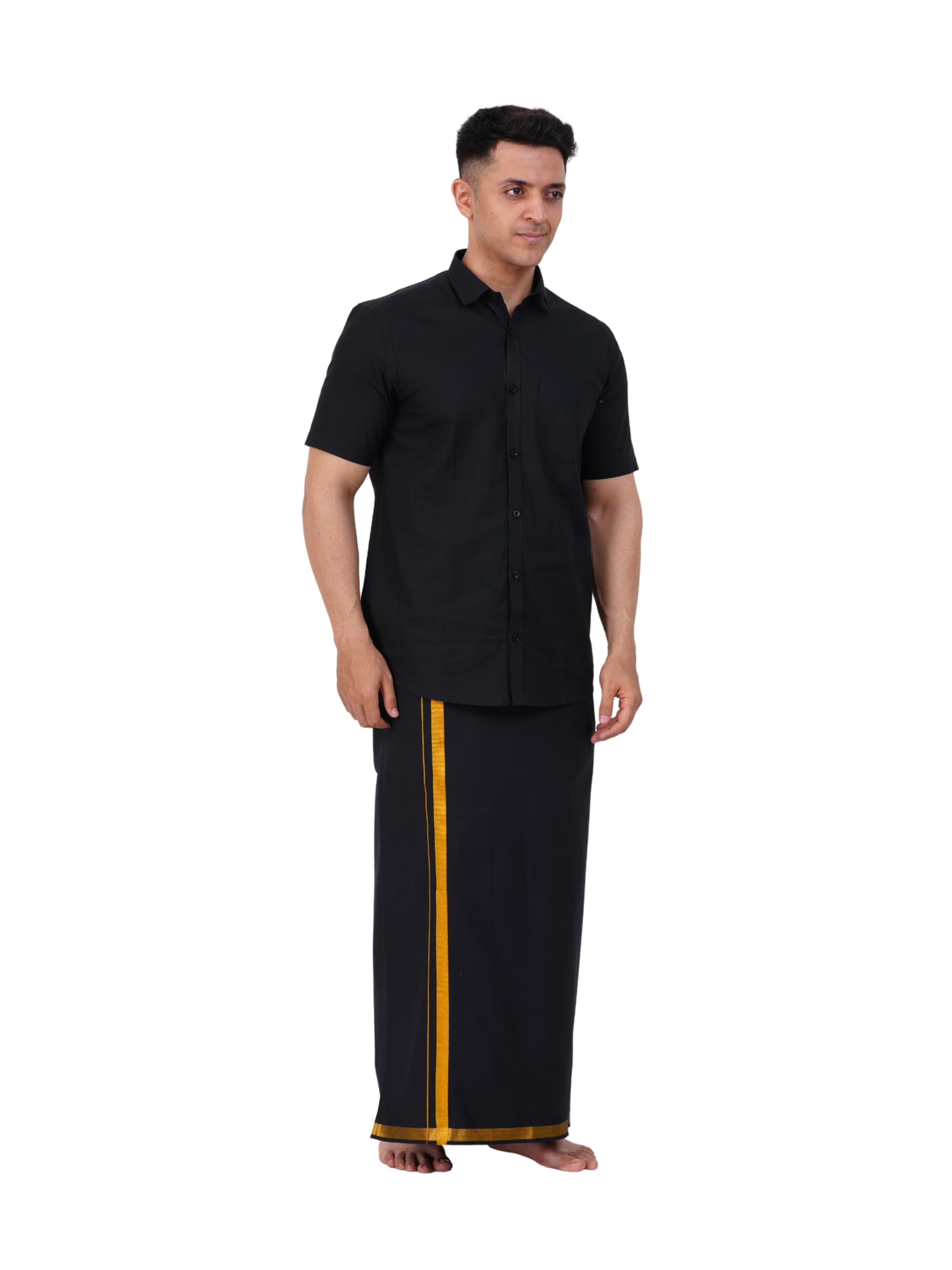 PRAKASAM COTTON Mens Flexi Readymade Black Jari Border Dhoti + Half sleeve Black Shirt for mens
