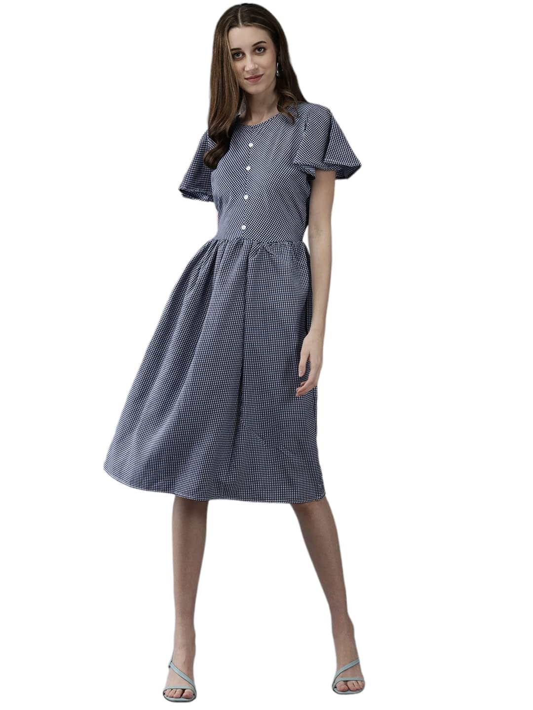 Aarika Womens Blue Color Polycrep Check Dress (DR-AW-053-BLUE-S)
