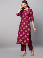 ANNI DESIGNER Womens Cotton Blend Printed Straight Kurta with Pant (Garbha Wine_M_Wine_Medium)