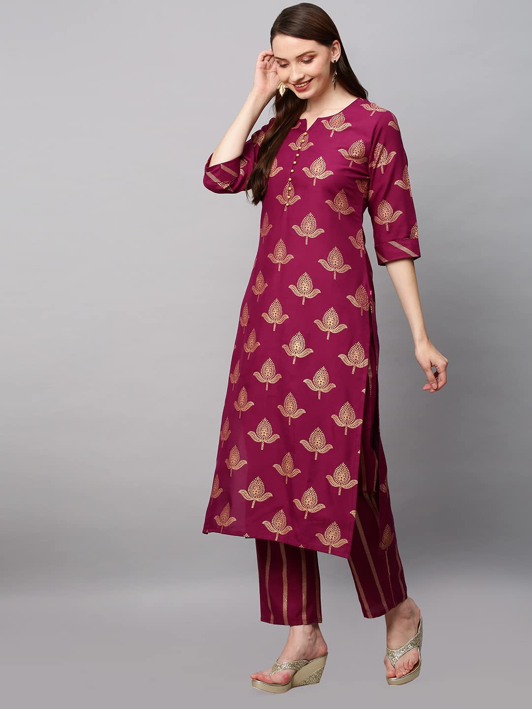 ANNI DESIGNER Womens Cotton Blend Printed Straight Kurta with Pant (Garbha Wine_M_Wine_Medium)