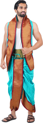 Prakasam Cotton Mens Asha Silk Panchakacham Ready To Wear Dhoti Towel Set With Pocket/Panchakacham Dhoti With Angavastram (Stitc