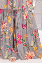 White Button New Grey Floral Print Alia Cut Peplum Top And Sharara Set For Girls