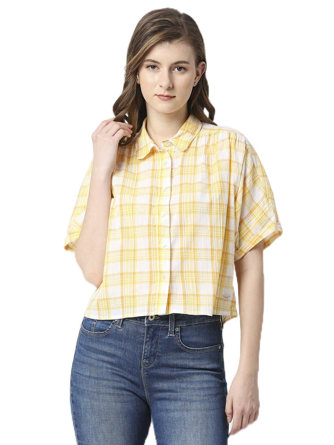 Pepe Jeans Checks Cotton Round Neck WomenS Shirt (Blue, Xl)