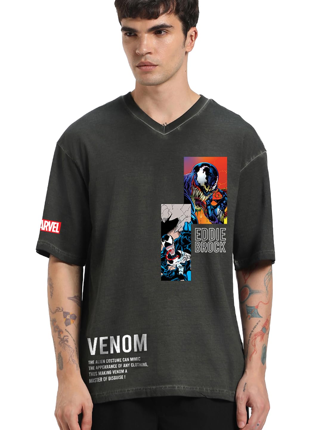 Bewakoof Official Marvel Merchandise Venom Mens Graphic Print Oversized Fit Half Sleeve V-Neck Cotton Jersey T-Shirt_646259_Gre