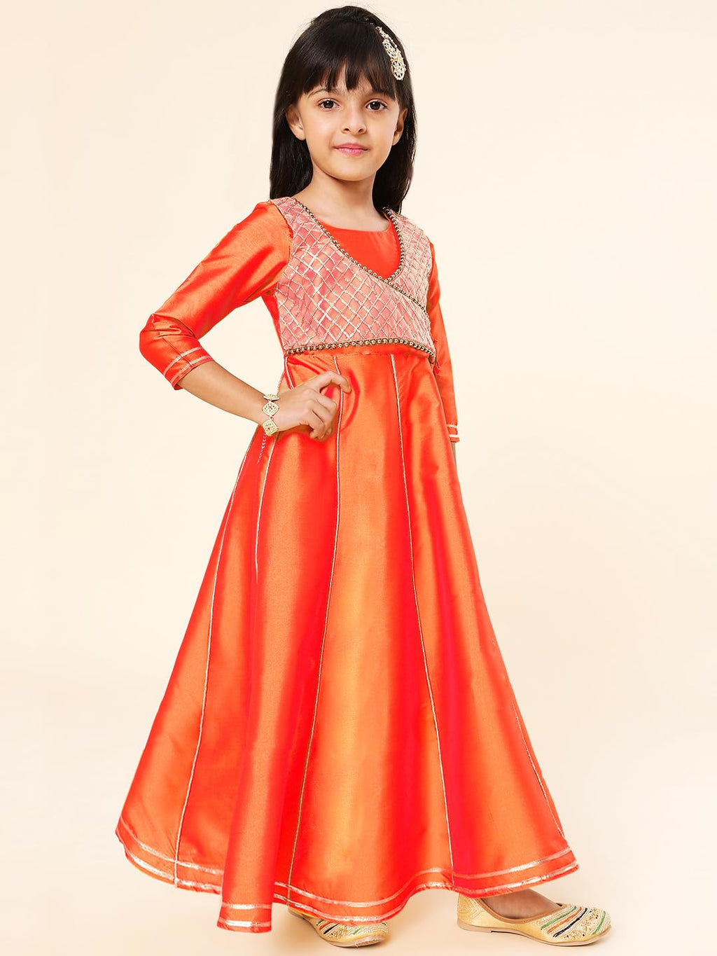 A.T.U.N. (ALL THINGS UBER NICE) Girls Woven Design Gota Jacket Anarkali Gown Orange