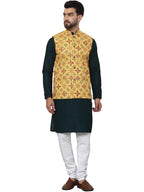 SOJANYA (Since 1958 Mens Pure Cotton Brown Kurta and White Pyjama with Printed Mustard Nehru Jacket
