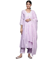 Varanga Women Lavender Embroidered A-Line Empire Kurta Paired With Tonal Bottom And Tonal Embroidered Dupatta