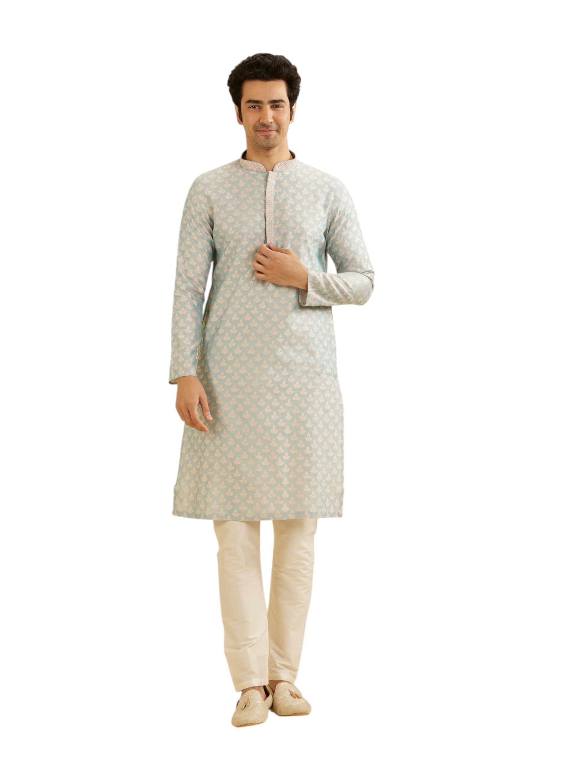 Manyavar Mens Viscose Blend Digital Leaf Print Kurta Set (Blue,XXXL)