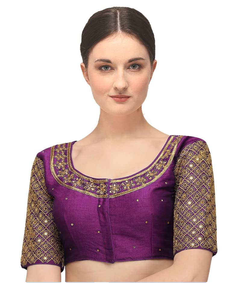 Pujia Mills Womens Embroidery Handwork Sequence Work Necklace Design Readymade Blouse (Violet, 36)