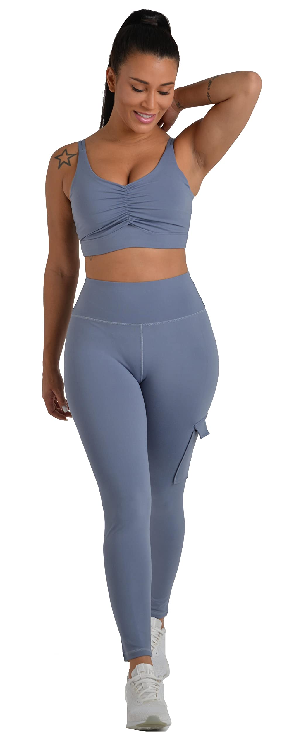 JEGGE High Waist Yoga Leggings with 4 Pockets,Tummy Control Workout Running 4 Way Stretch Cargo Pocket Leggings (Blue, XX-Large)